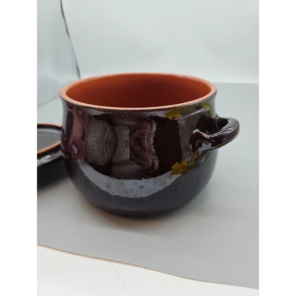 Bean Pot With Lid Crock Brown Glazed Ceramic Pottery Stoneware